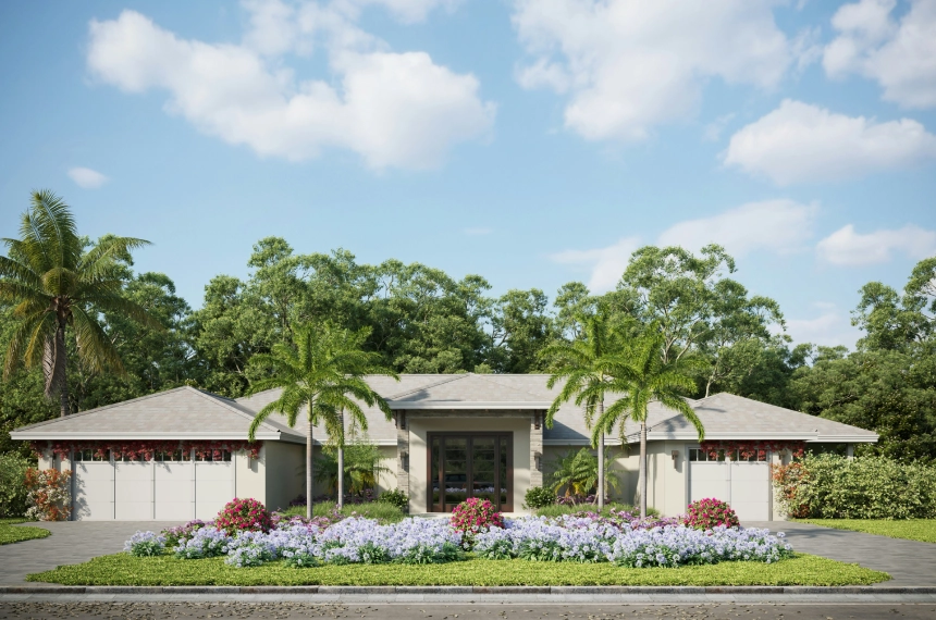 A rendering of the front yard of a house.