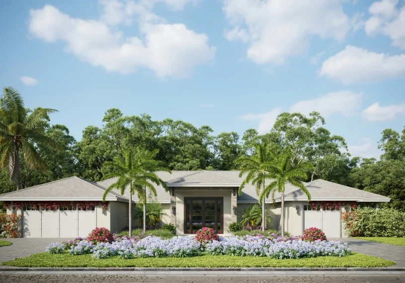 A rendering of the front yard of a house.